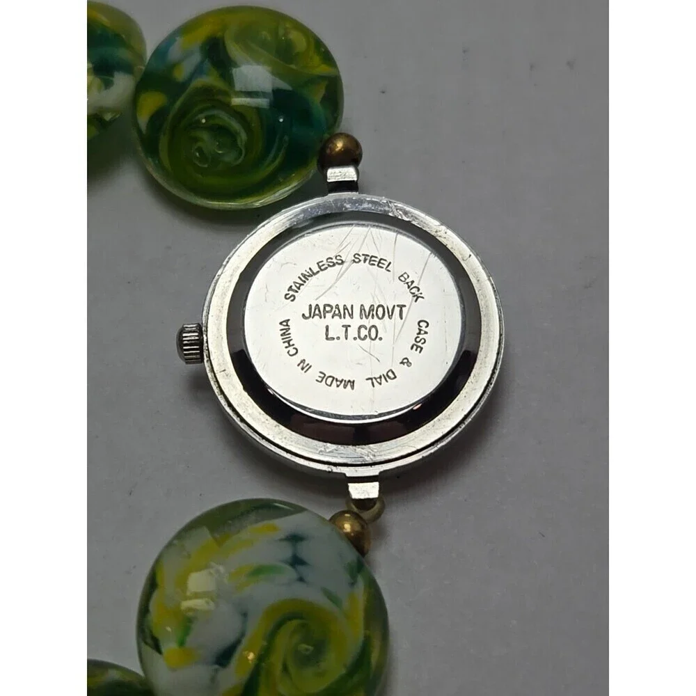 Womens Seiko Movement Lampwork Beaded Watch Bracelet Green Yellow Glass Art